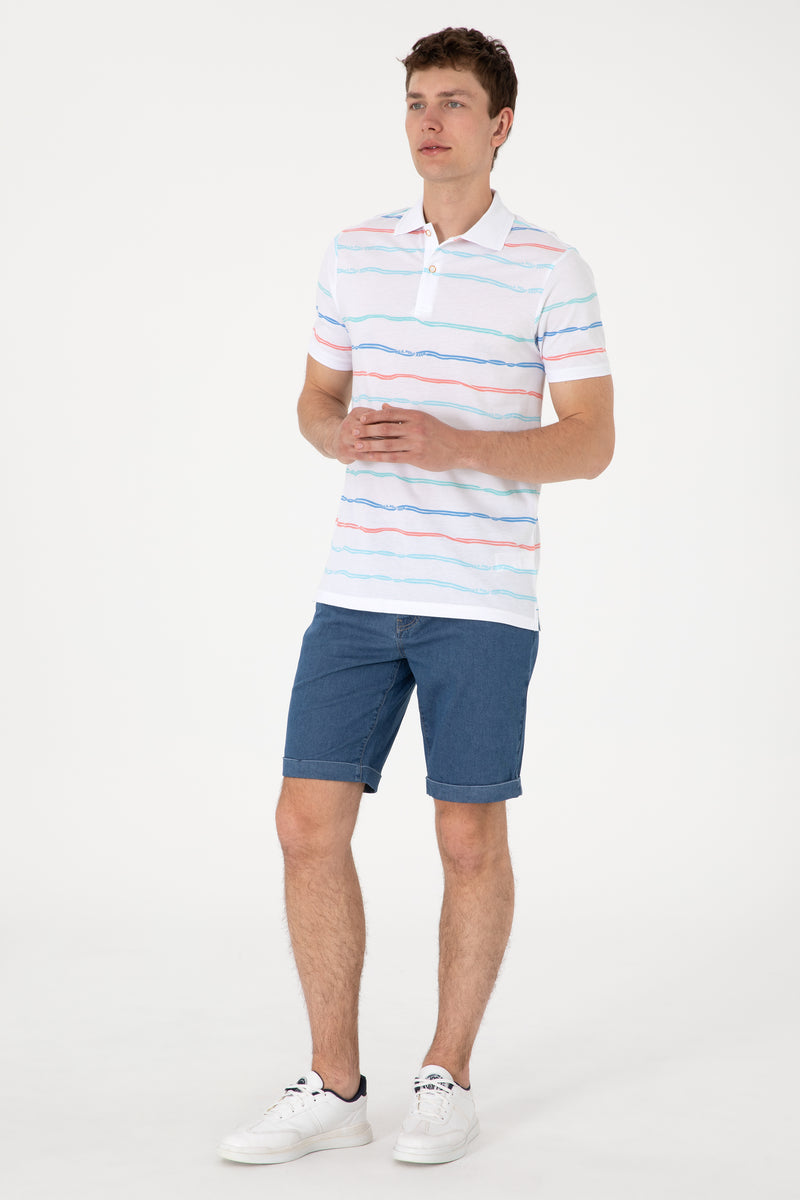 Tricou Polo Barbat Alb cu Dungi Orizontale Multicolore