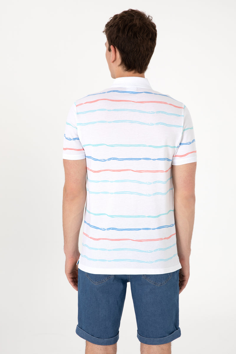 Tricou Polo Barbat Alb cu Dungi Orizontale Multicolore