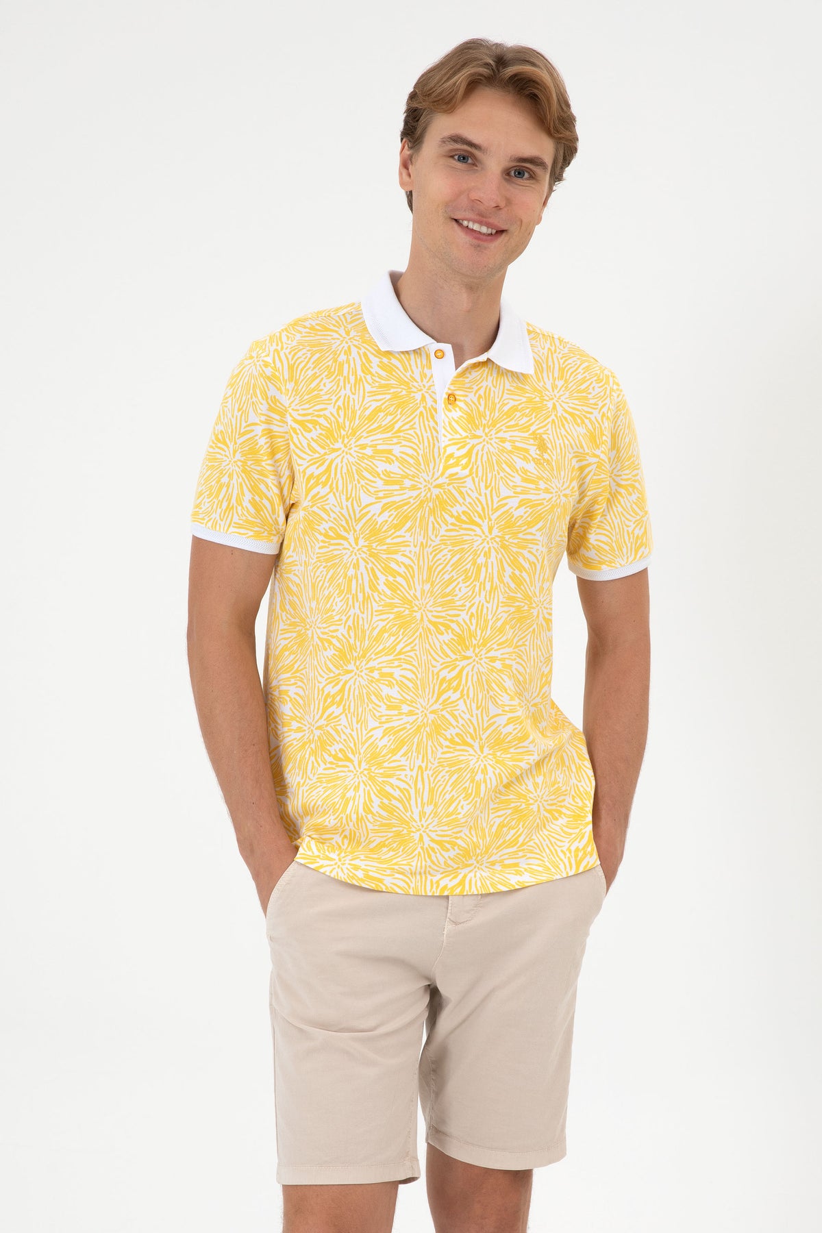Tricou Polo Bărbați Galben/ Alb Cu Model Și Logo Brodat