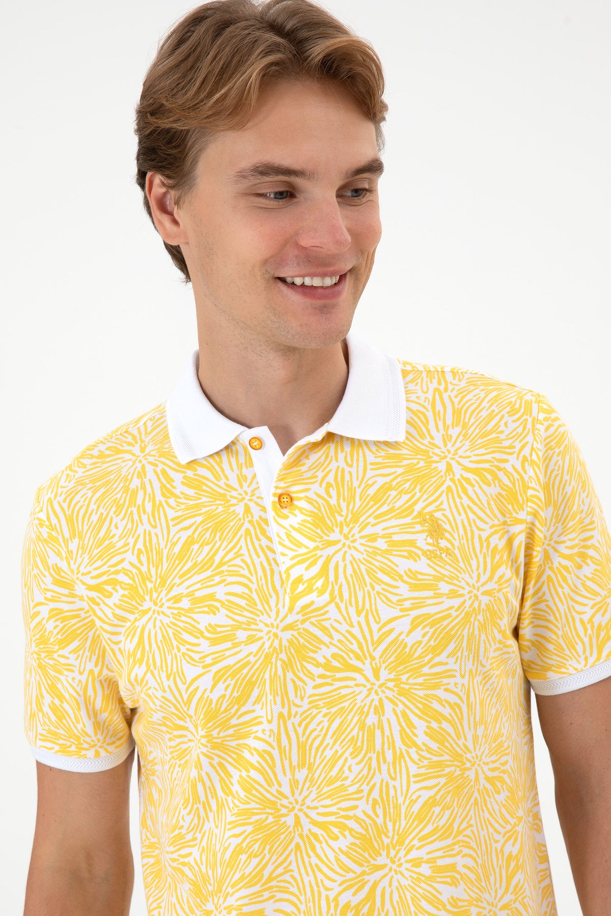 Tricou Polo Bărbați Galben/ Alb Cu Model Și Logo Brodat