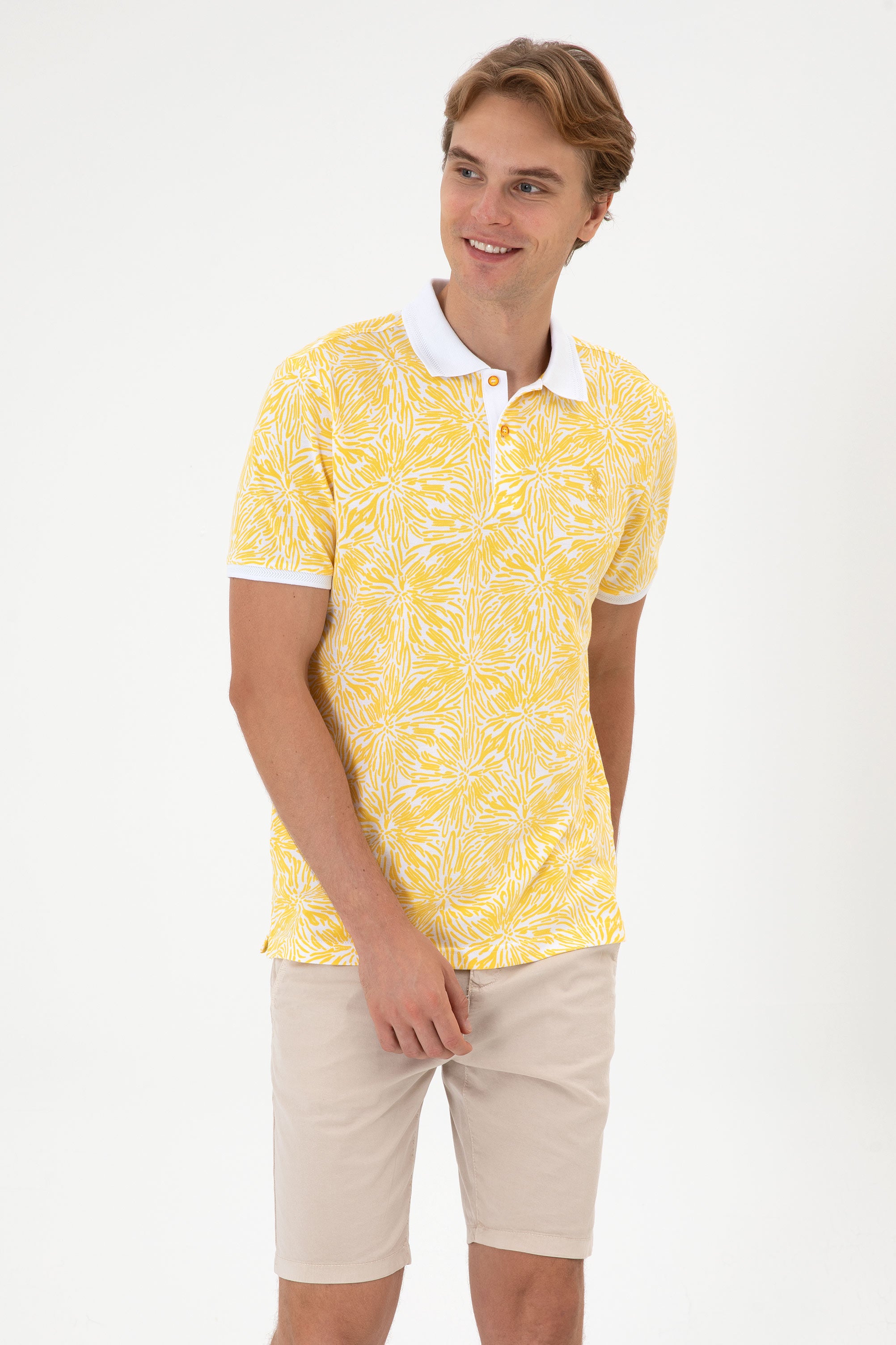 Tricou Polo Bărbați Galben/ Alb Cu Model Și Logo Brodat