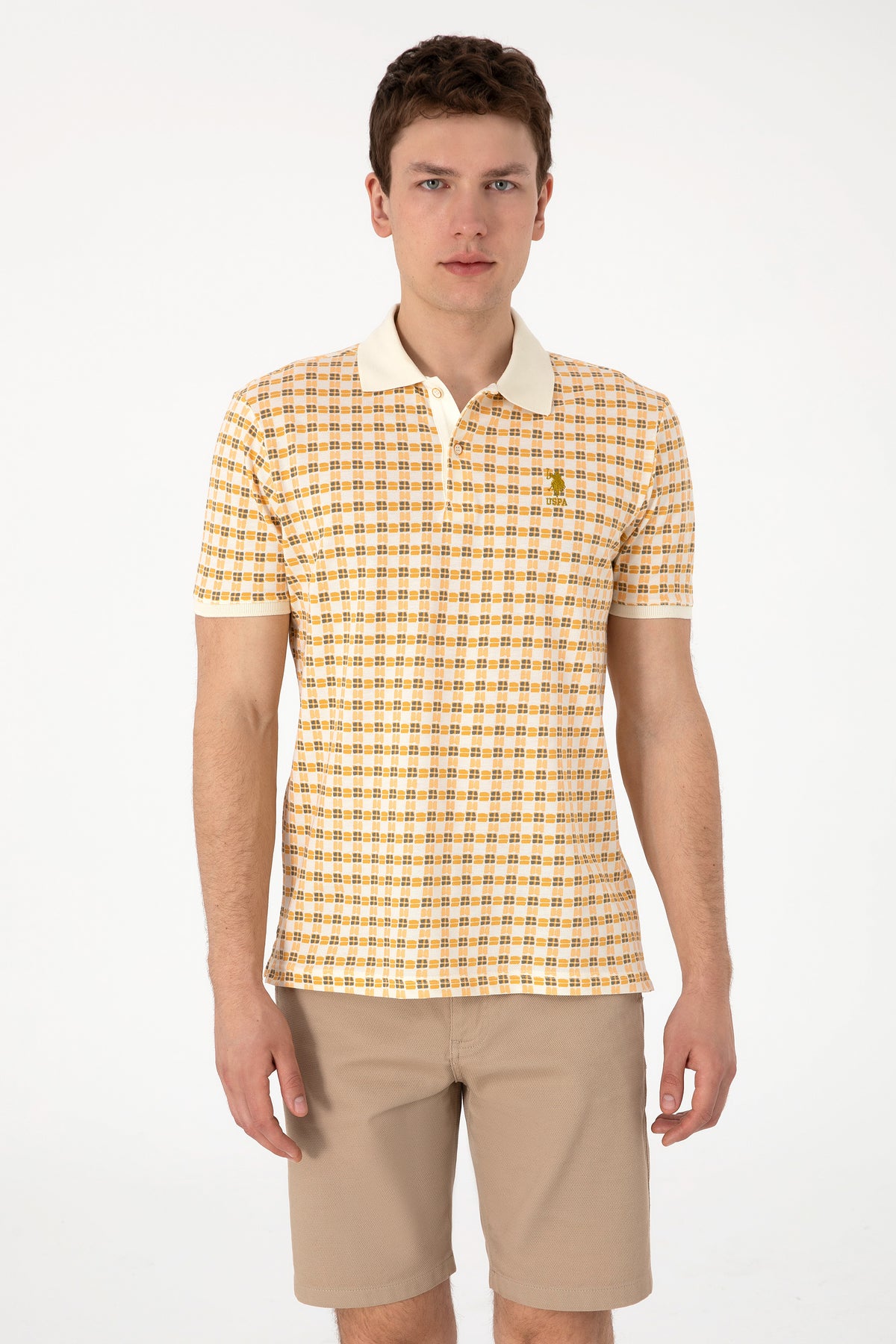 Tricou Polo Barbat Bej cu Model Grafic