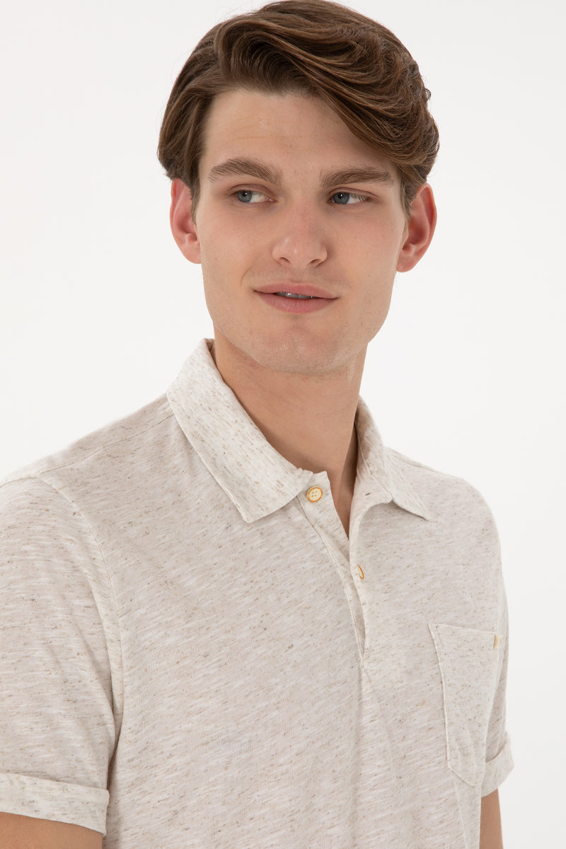 Tricou Polo Barbat Bej Cu Guler Moale si Imprimeu Desert Dust