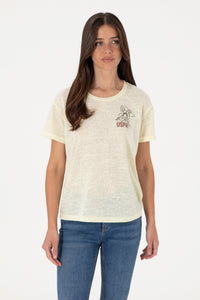 Tricou Damă Galben Comfort Fit Cu Model Floral