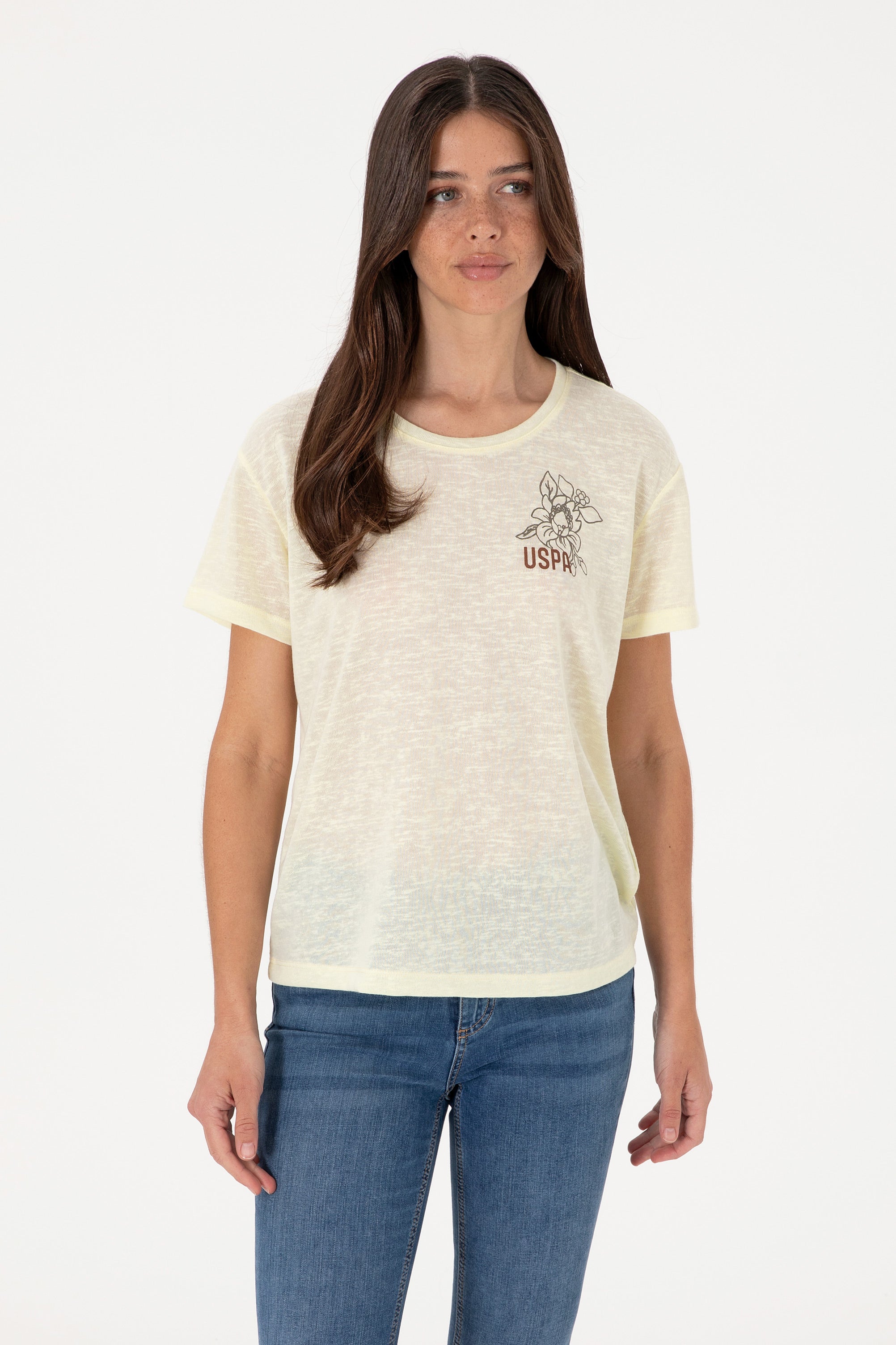 Tricou Damă Galben Comfort Fit Cu Model Floral