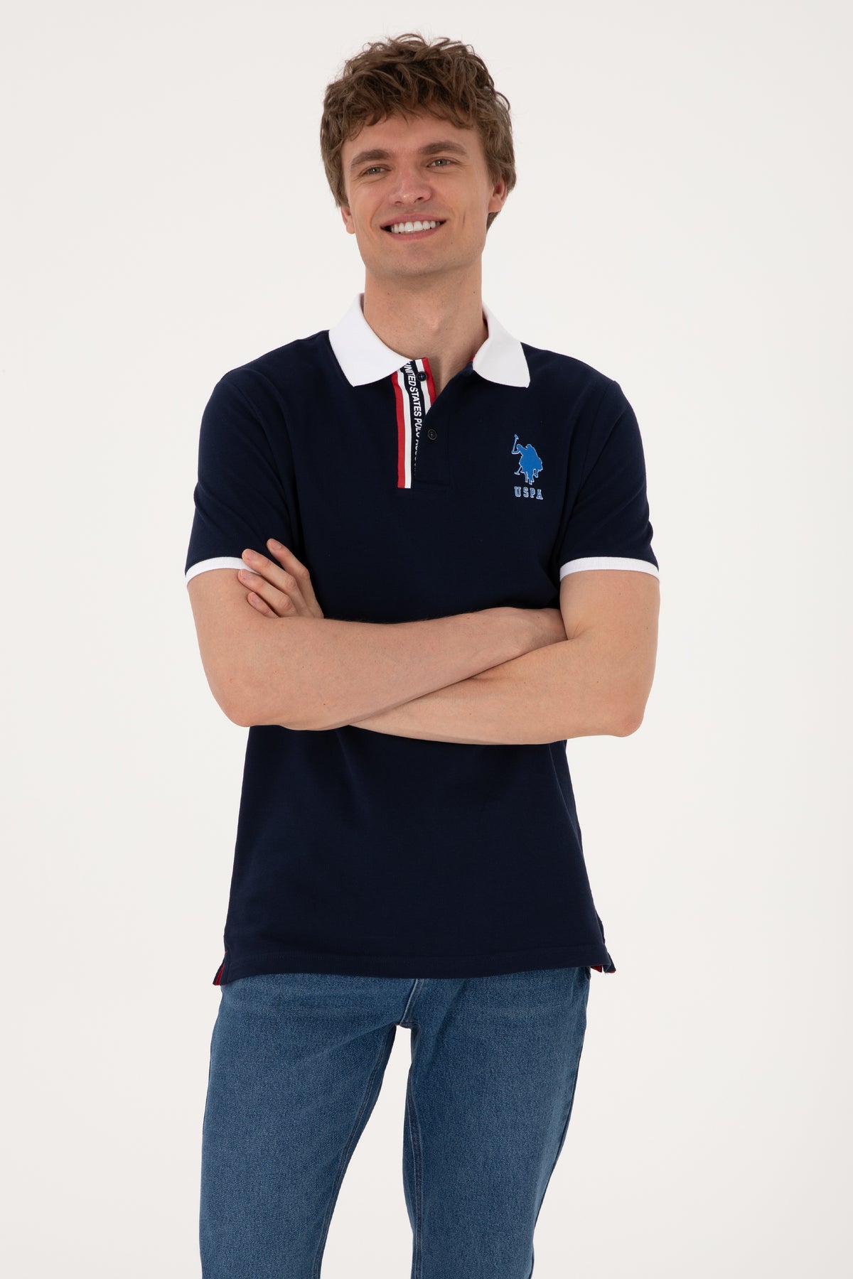 Tricou Polo Bărbați Bleumarin Cu Guler Cu Detaliu Și Imprimeu Logo