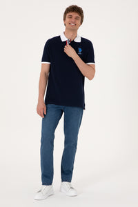 Tricou Polo Bărbați Bleumarin Cu Guler Cu Detaliu Și Imprimeu Logo