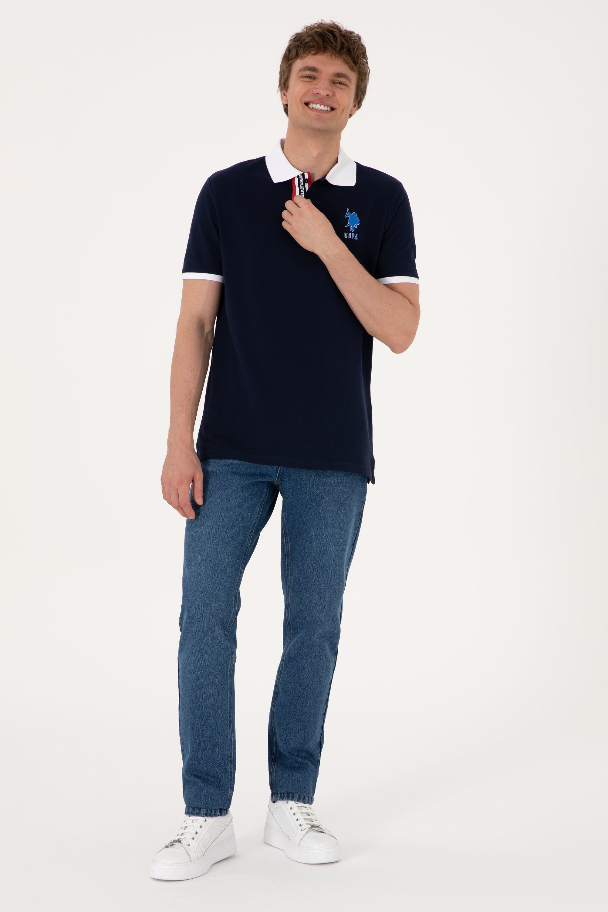 Tricou Polo Bărbați Bleumarin Cu Guler Cu Detaliu Și Imprimeu Logo