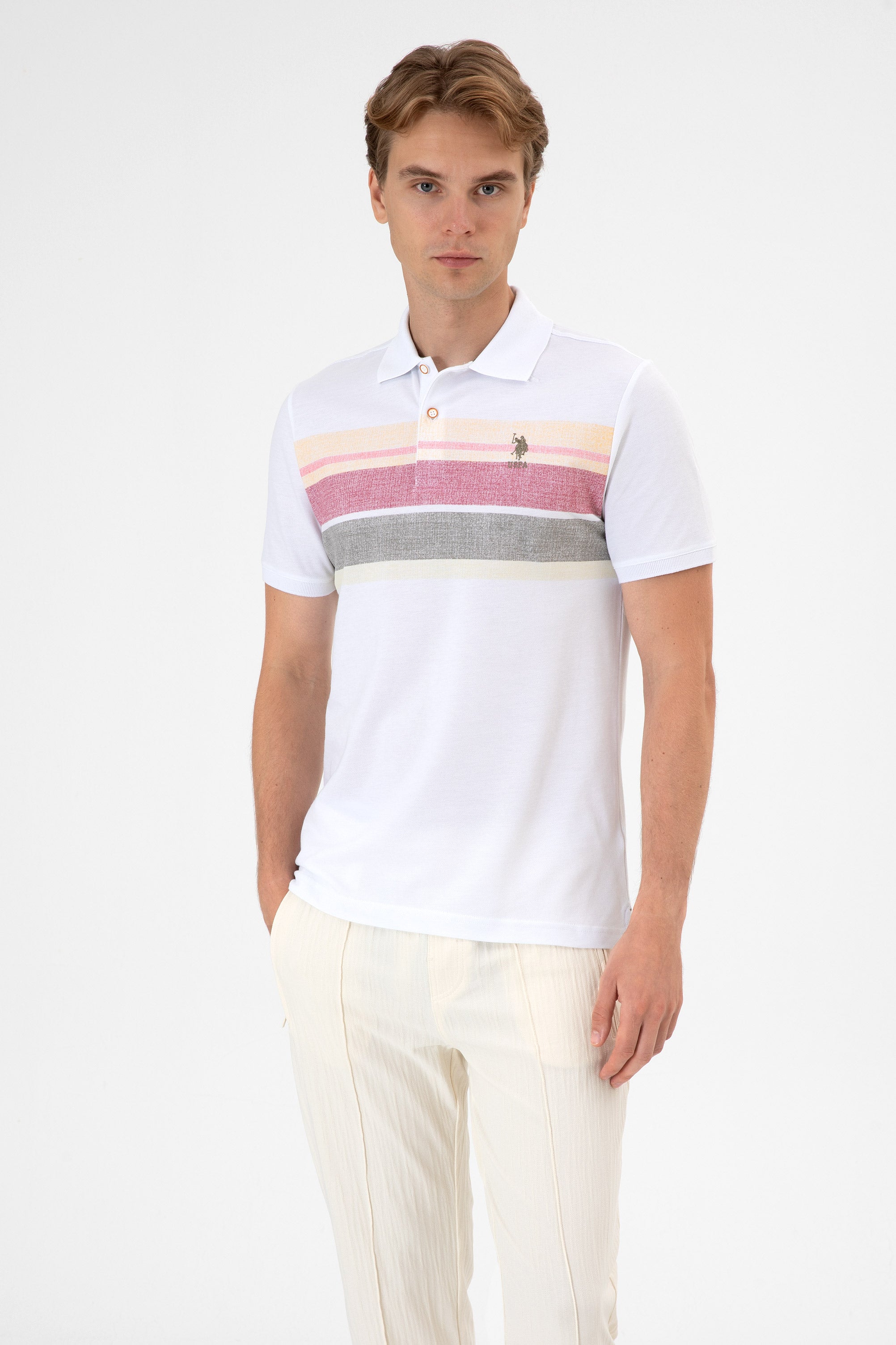 Tricou Polo Bărbați Alb Cu Model Multicolor Și Logo