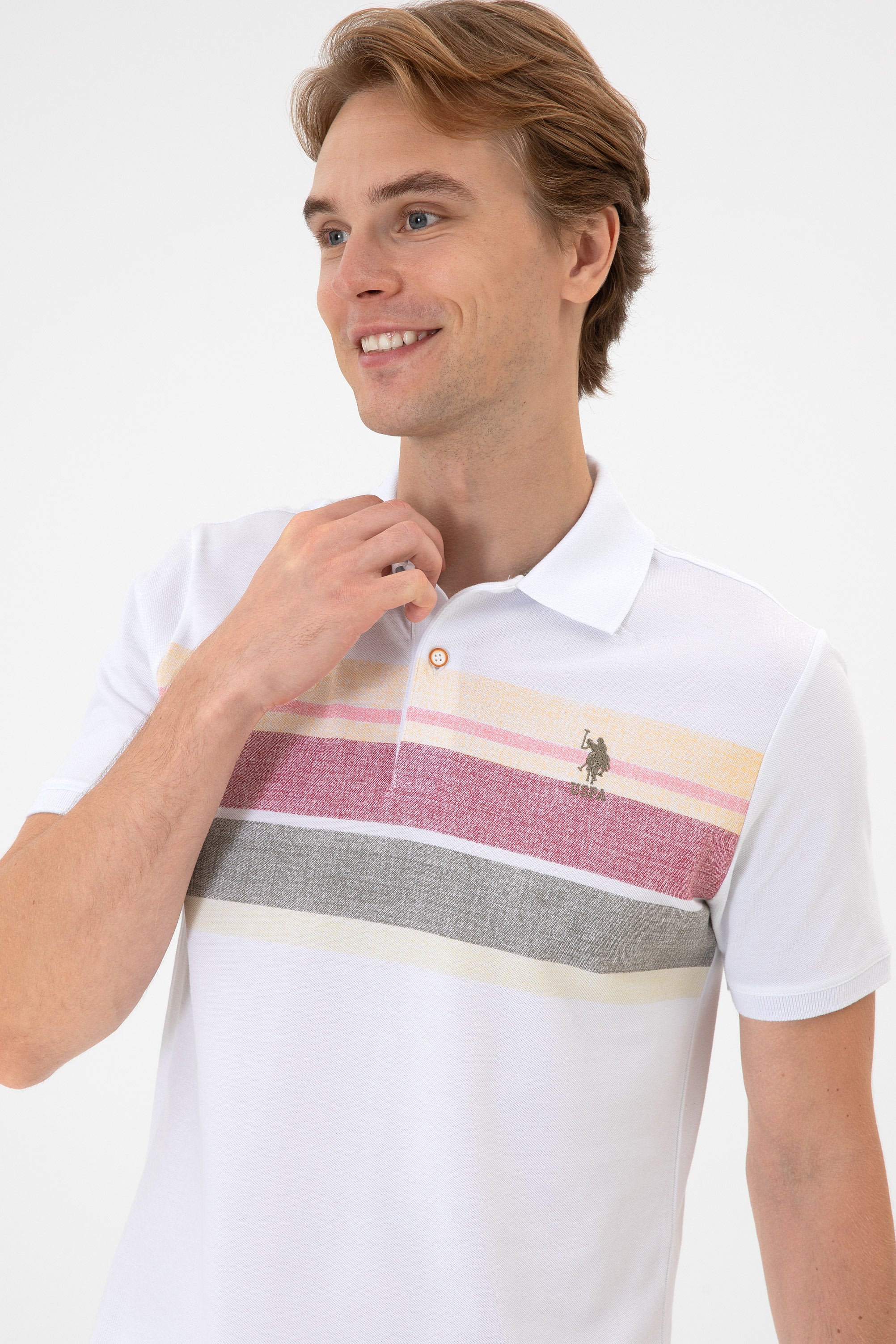 Tricou Polo Bărbați Alb Cu Model Multicolor Și Logo