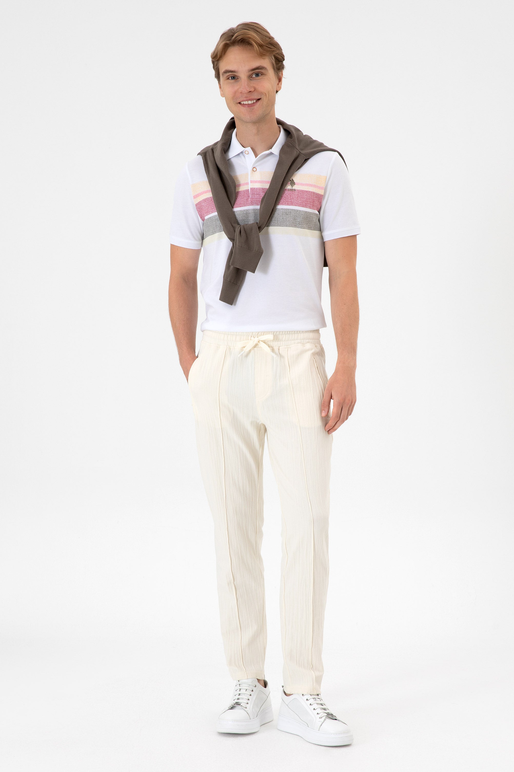 Tricou Polo Bărbați Alb Cu Model Multicolor Și Logo