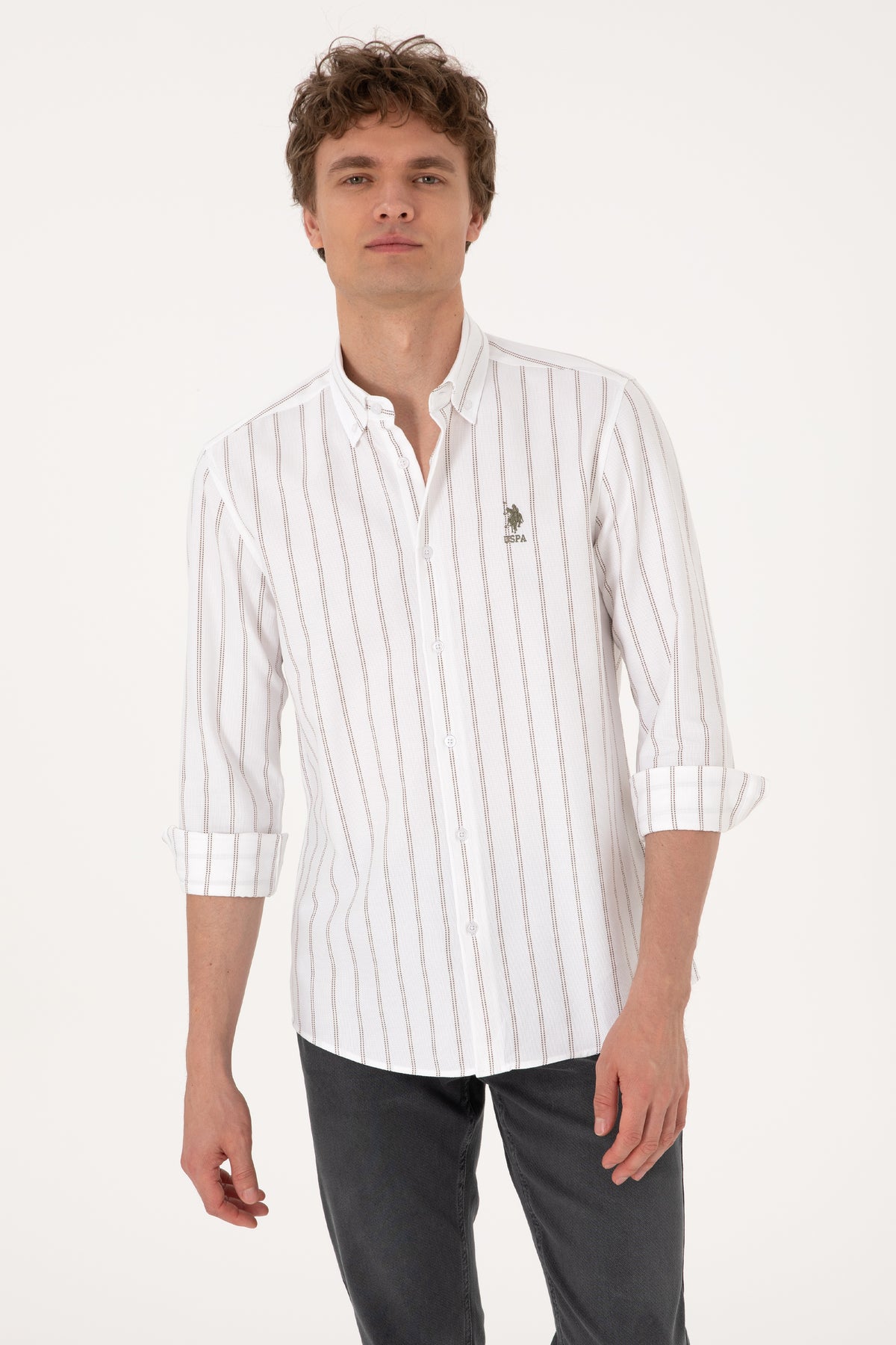 Camasa Barbat Alba cu Dungi Verticale si Textura Fina