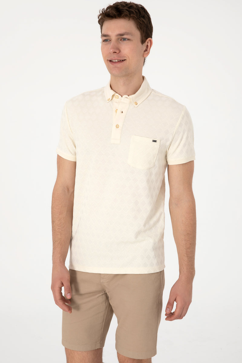 Tricou Polo Barbat Bej cu Textura Tip Tricot