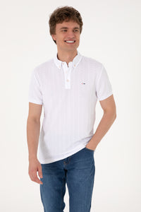 Tricou Polo Barbat Alb cu Textura Speciala