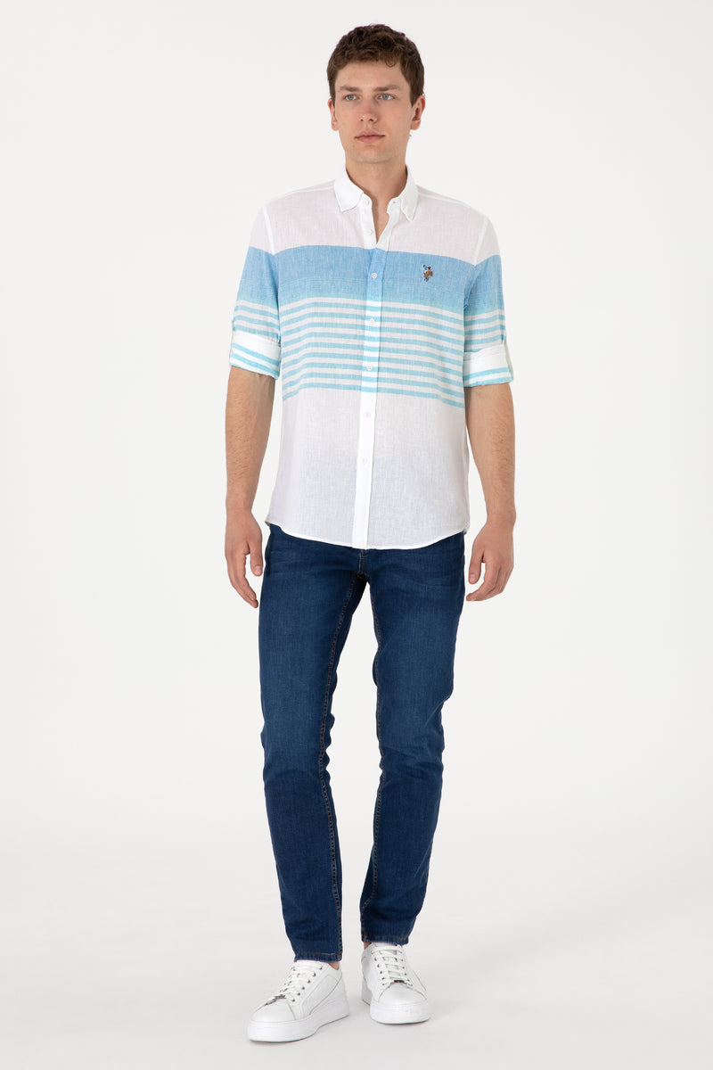 Camasa Barbat Alba Cu Dungi Orizontale Albastre 