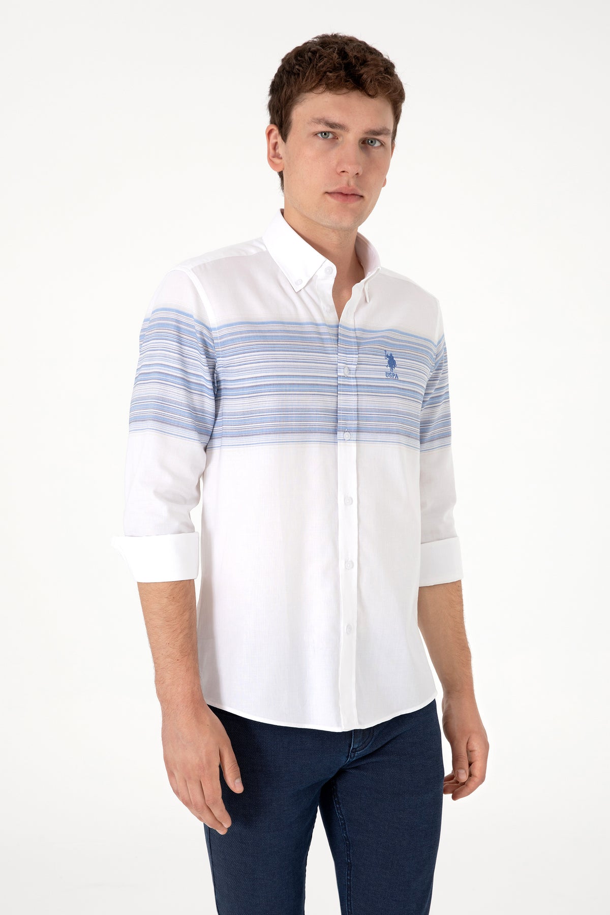 Camasa Barbat Alba Cu Dungi Orizontale Pe Piept