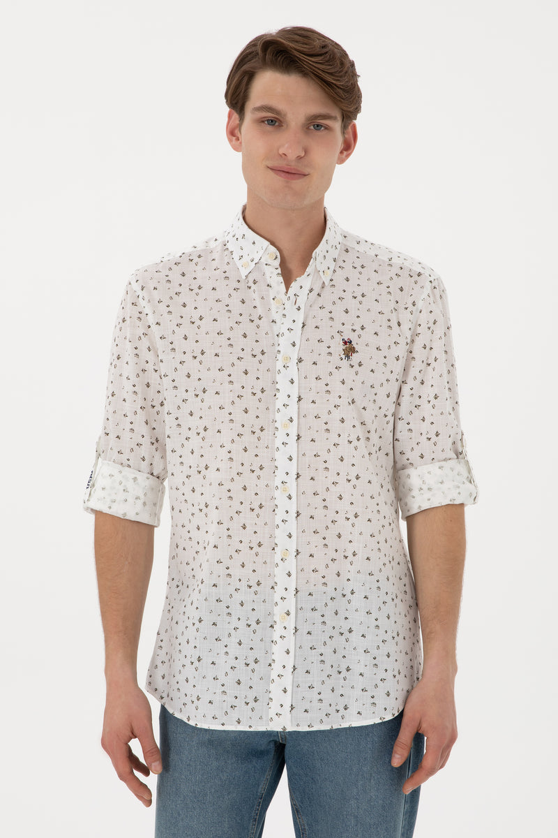 Camasa Barbat Alba Cu Print Si Textura De Vara