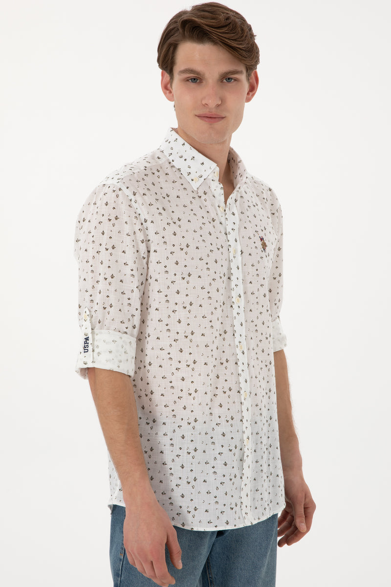Camasa Barbat Alba Cu Print Si Textura De Vara