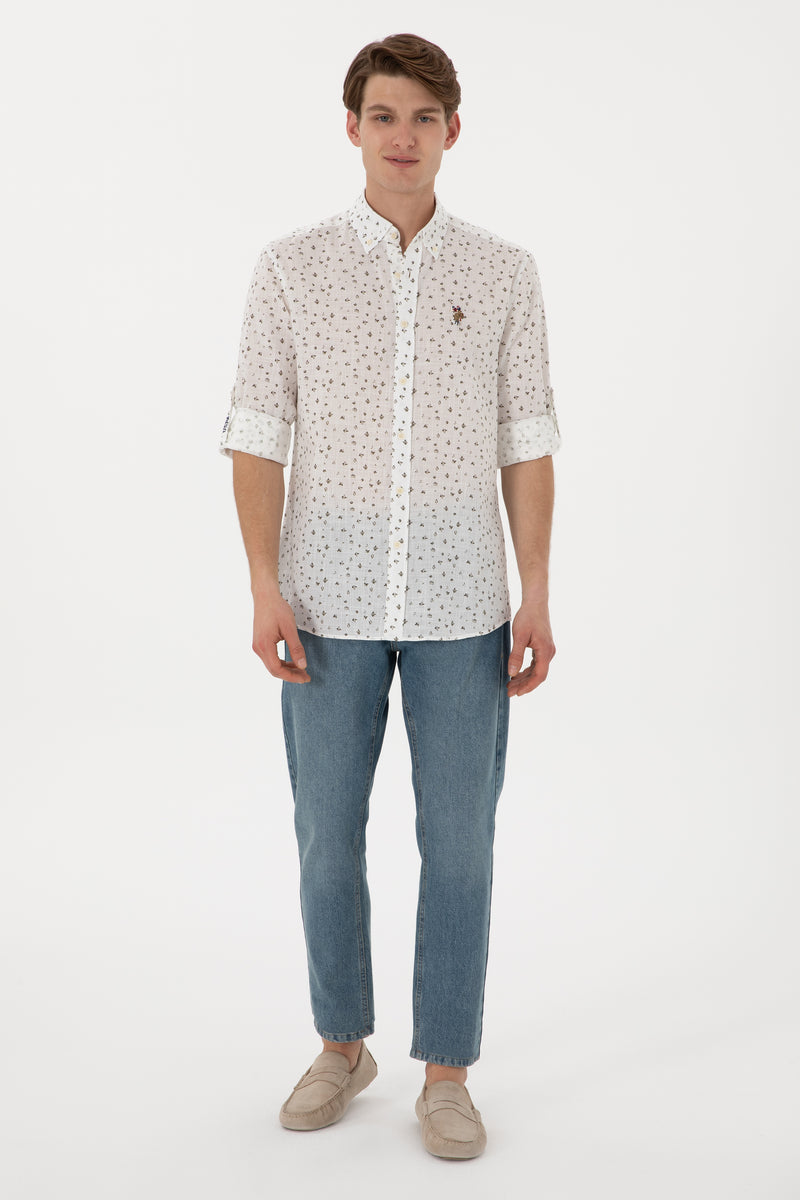 Camasa Barbat Alba Cu Print Si Textura De Vara