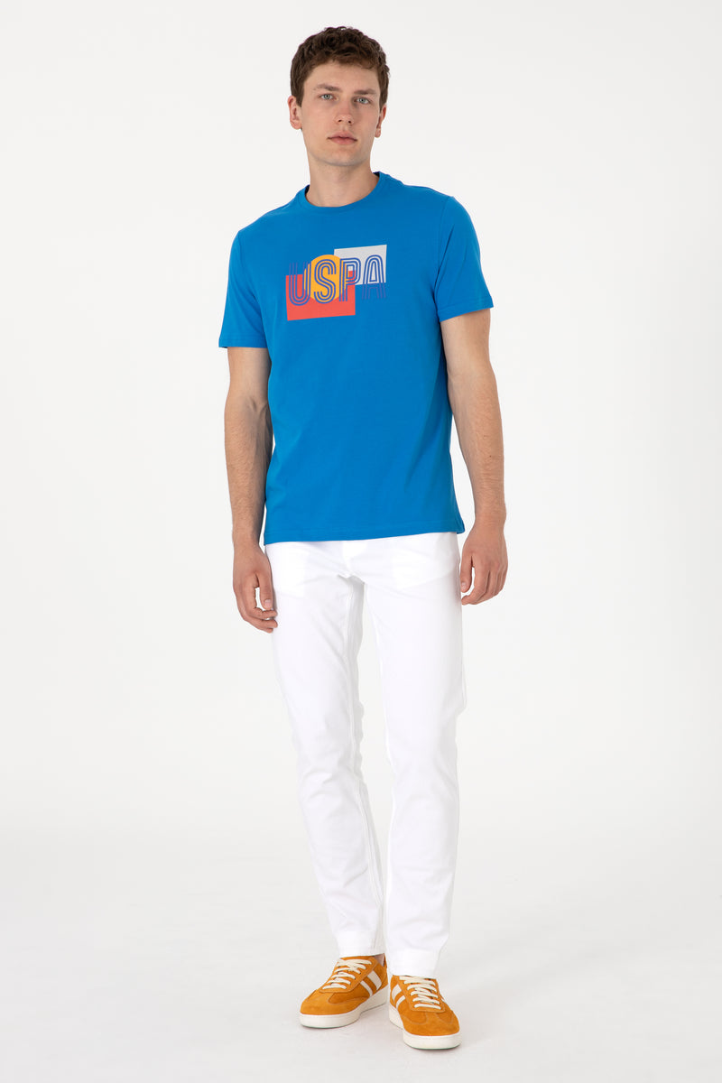 Tricou Barbat Albastru Cu Print Multicolor pe Piept