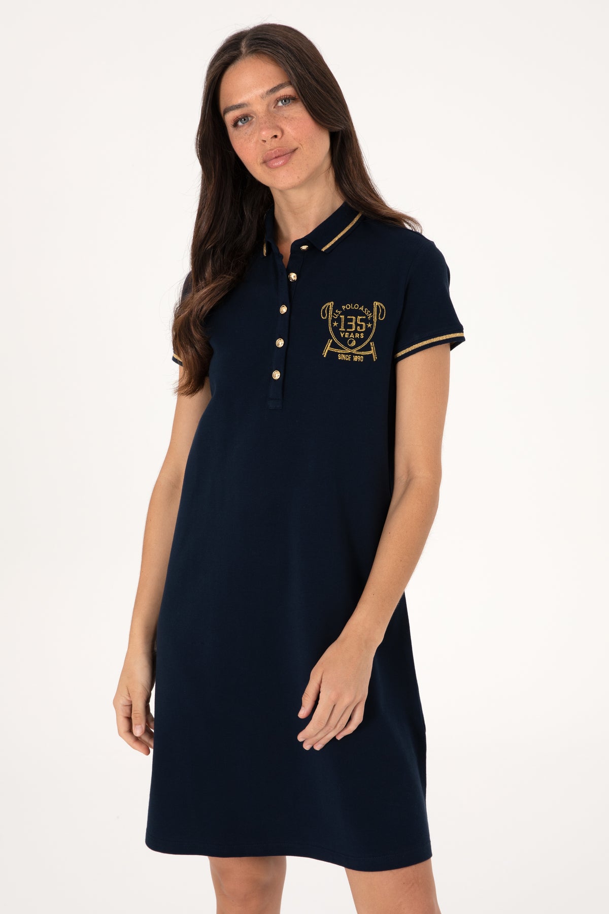 Rochie Polo Bleumarin Cu Logo Auriu  Și Detalii pe Guler