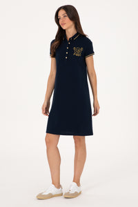 Rochie Polo Bleumarin Cu Logo Auriu  Și Detalii pe Guler