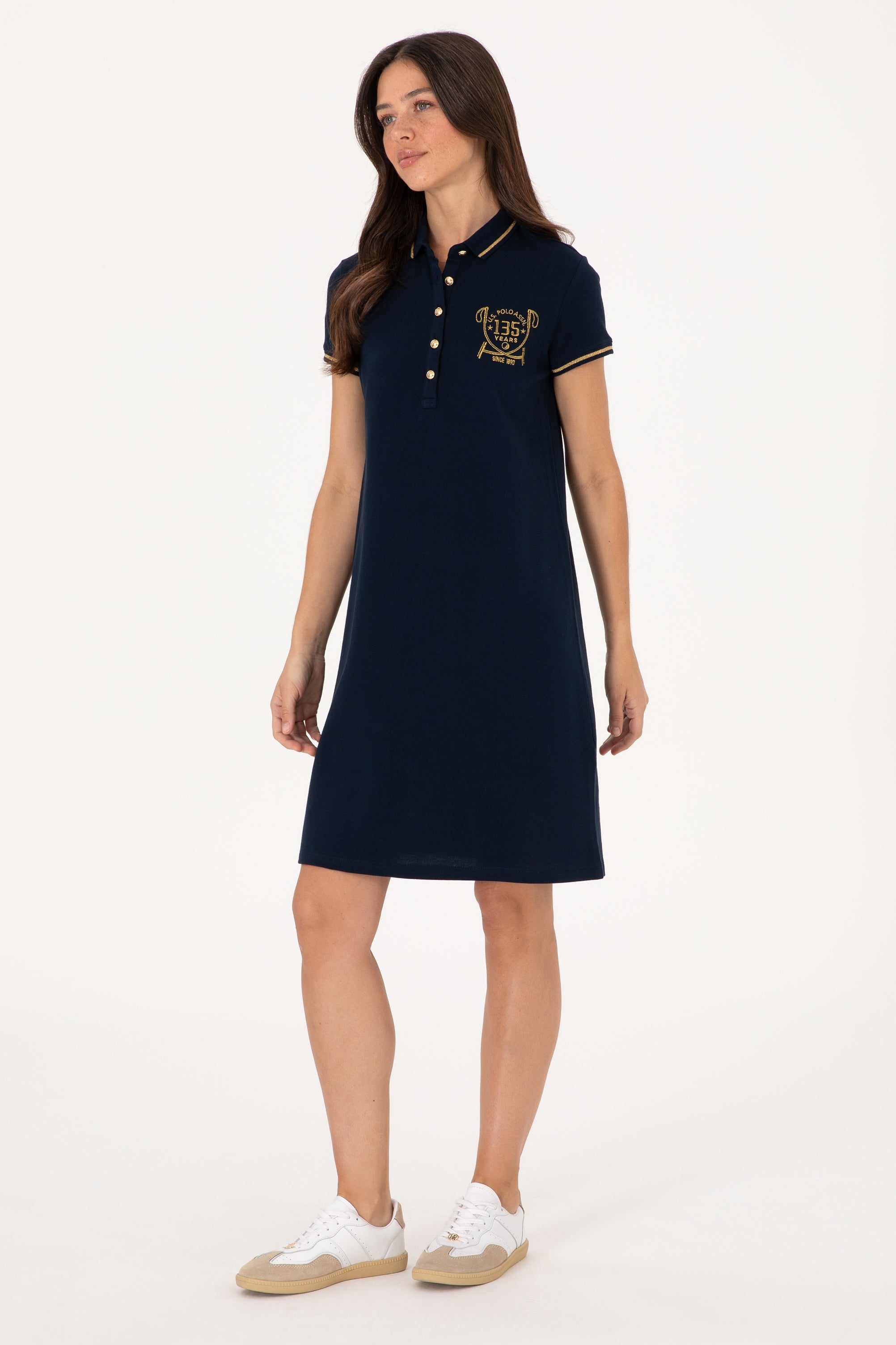 Rochie Polo Bleumarin Cu Logo Auriu  Și Detalii pe Guler