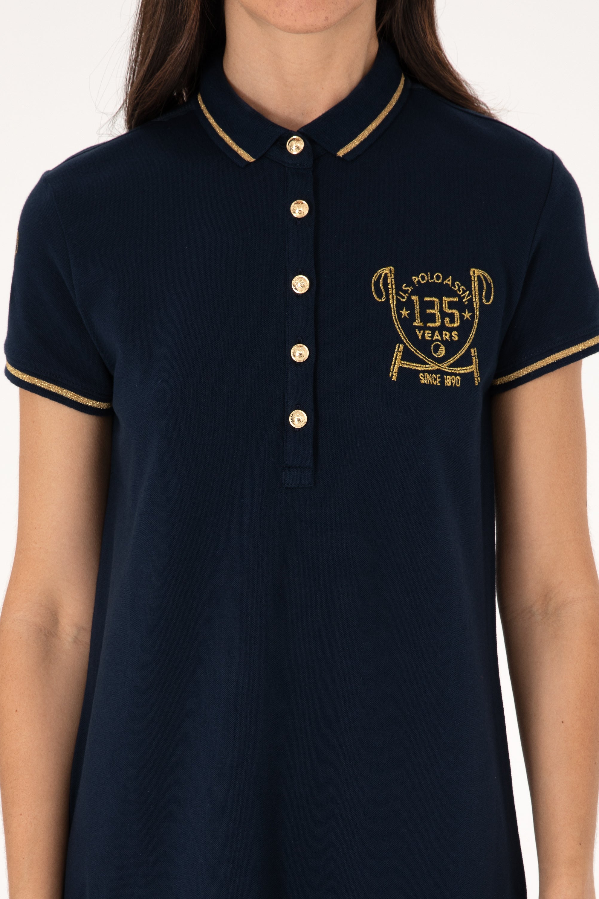 Rochie Polo Bleumarin Cu Logo Auriu  Și Detalii pe Guler