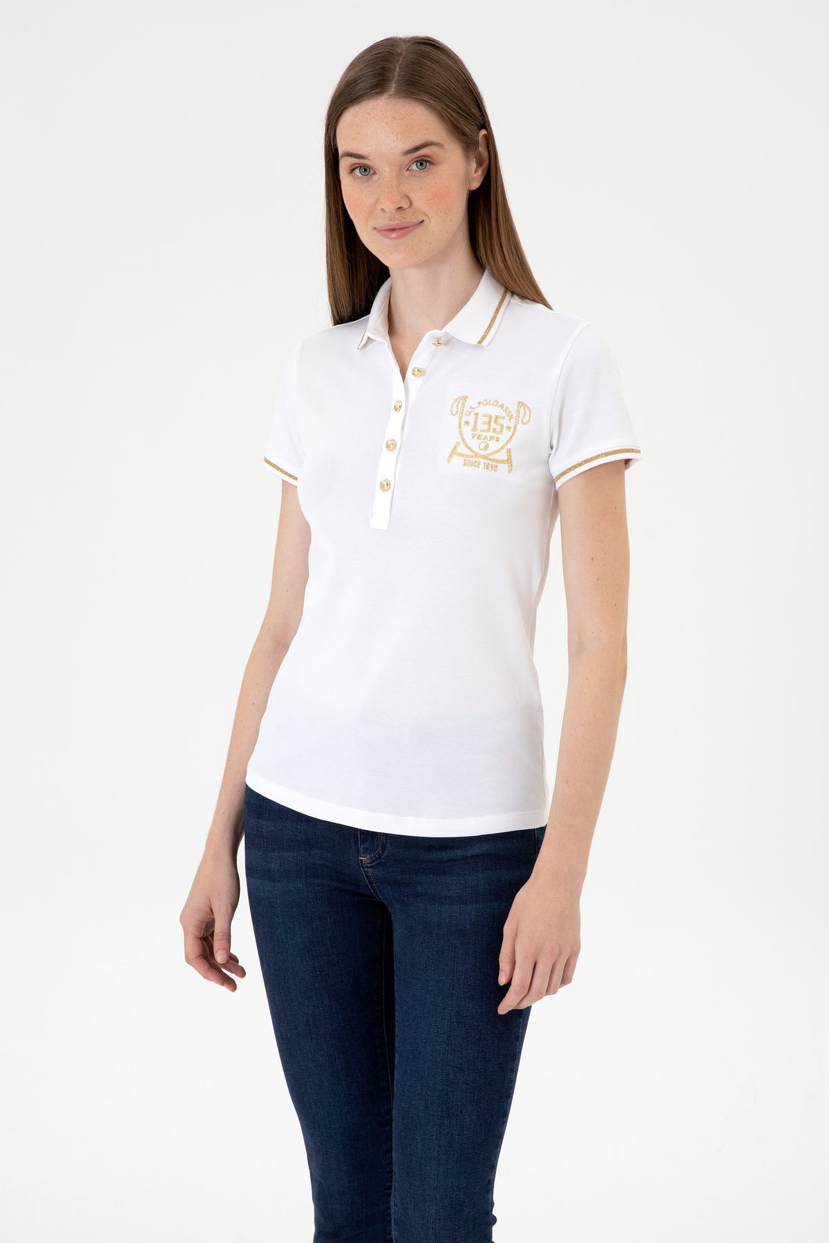 Tricou Polo Damă Alb Cu Logo Și Detalii pe Guler 