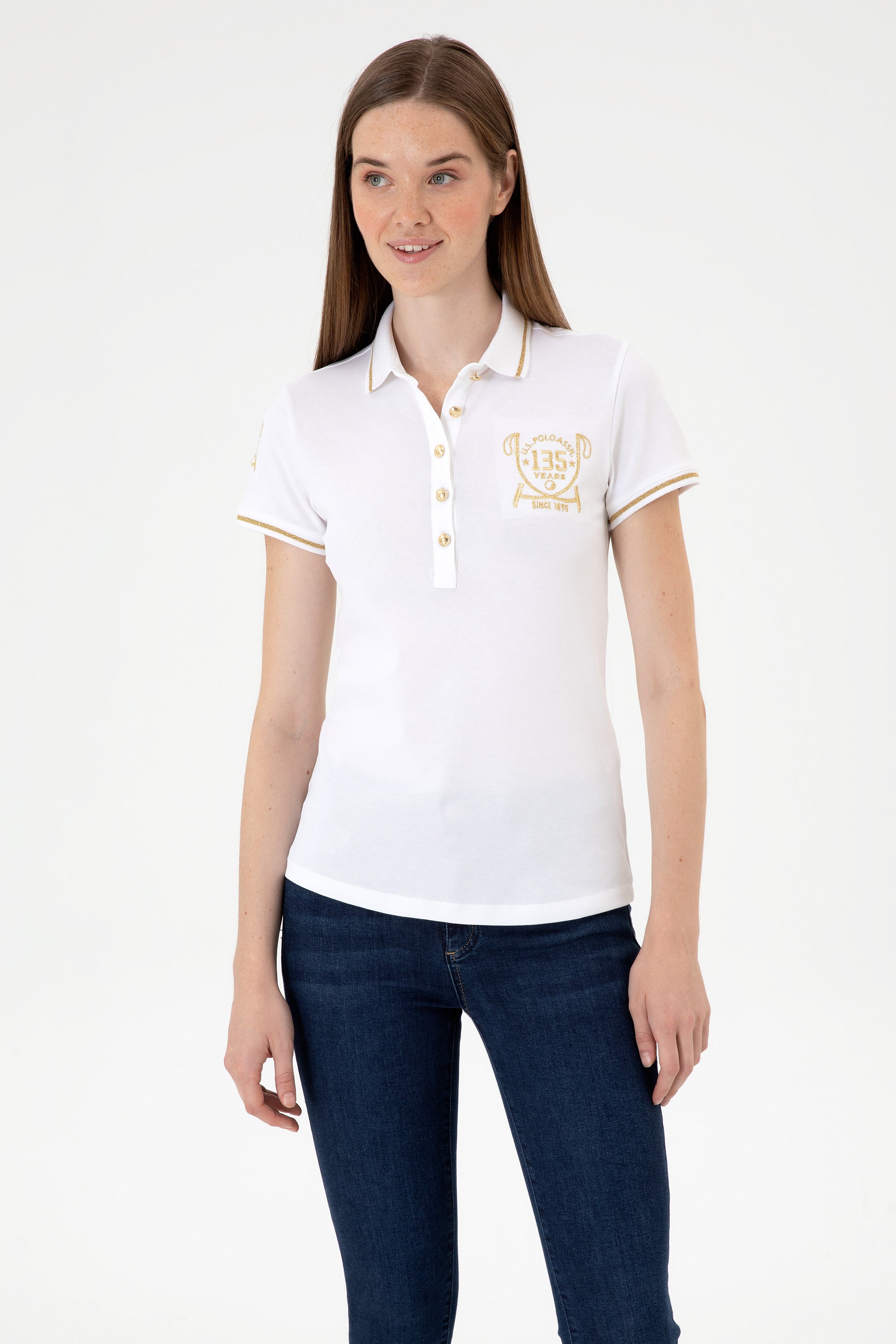 Tricou Polo Damă Alb Cu Logo Și Detalii pe Guler 