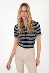 Tricou Polo Dama Bleumarin Guler Inchis Cu Fermoar si Dungi Orizontale