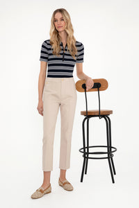 Tricou Polo Dama Bleumarin Guler Inchis Cu Fermoar si Dungi Orizontale