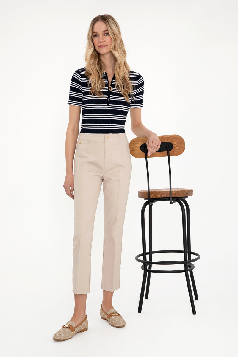 Tricou Polo Dama Bleumarin Guler Inchis Cu Fermoar si Dungi Orizontale