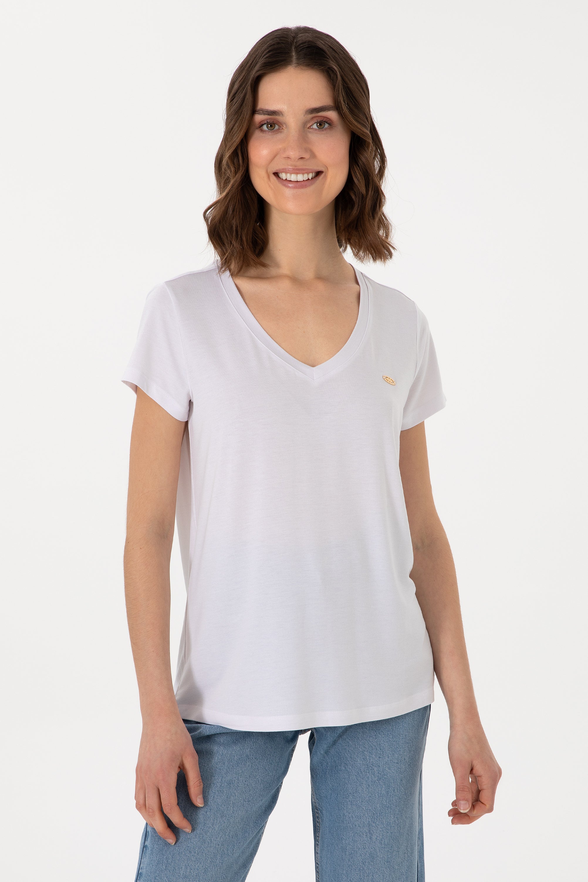 Tricou Damă Alb Cu Decolteu În V