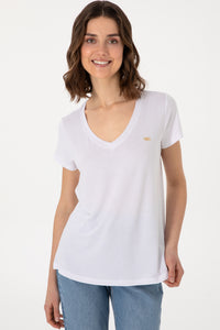 Tricou Damă Alb Cu Decolteu În V