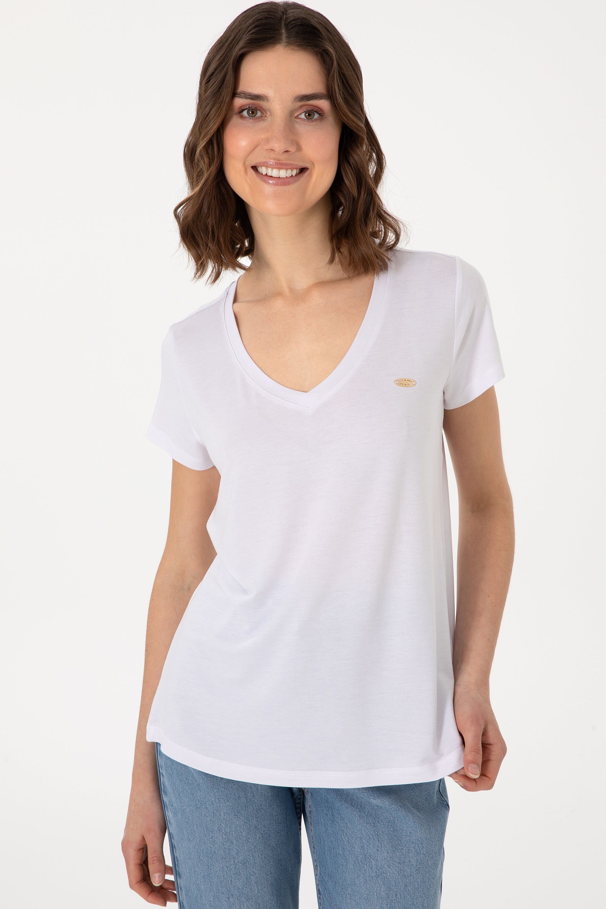 Tricou Damă Alb Cu Decolteu În V