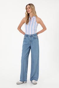 Blugi Dama Largi Evazati De Culoare Denim