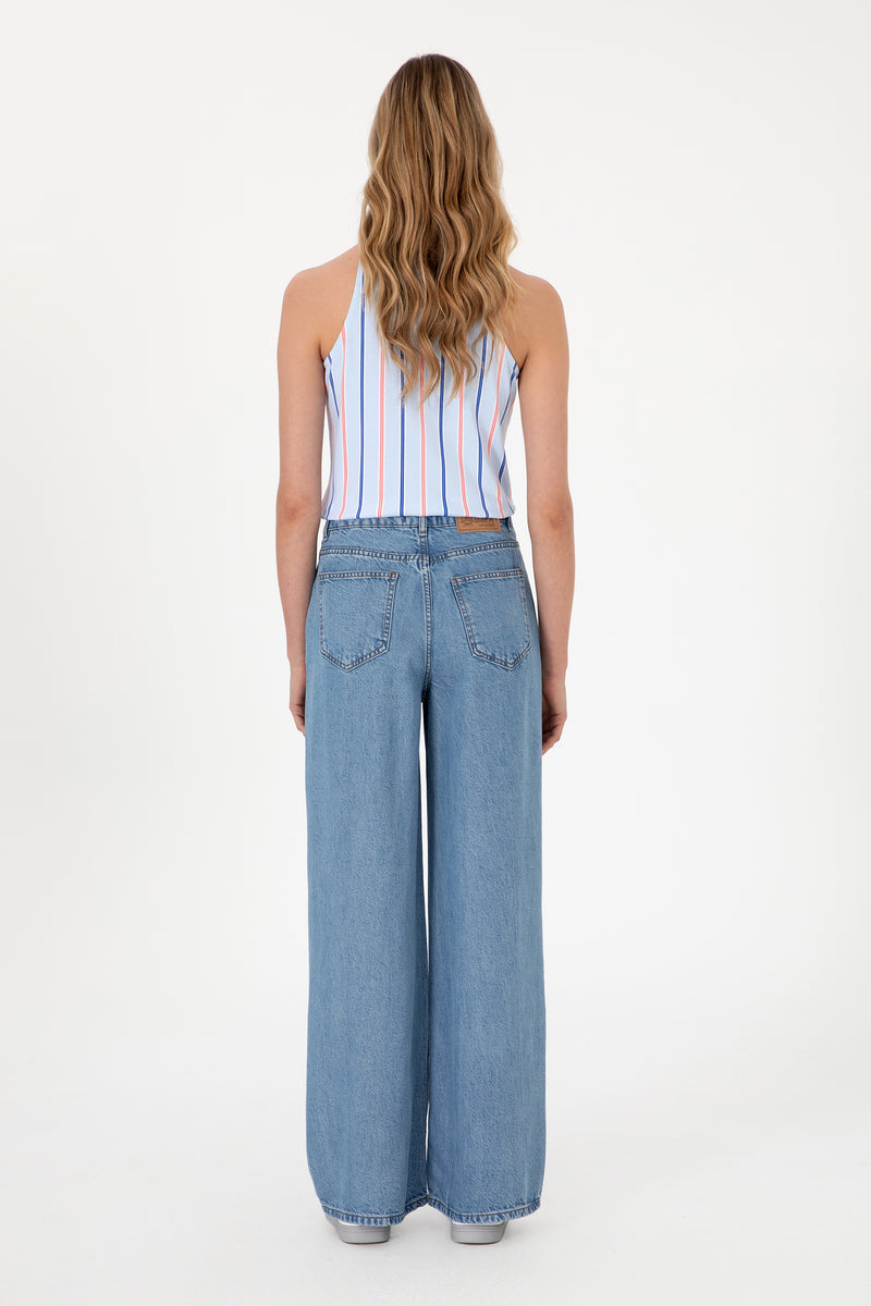 Blugi Dama Largi Evazati De Culoare Denim