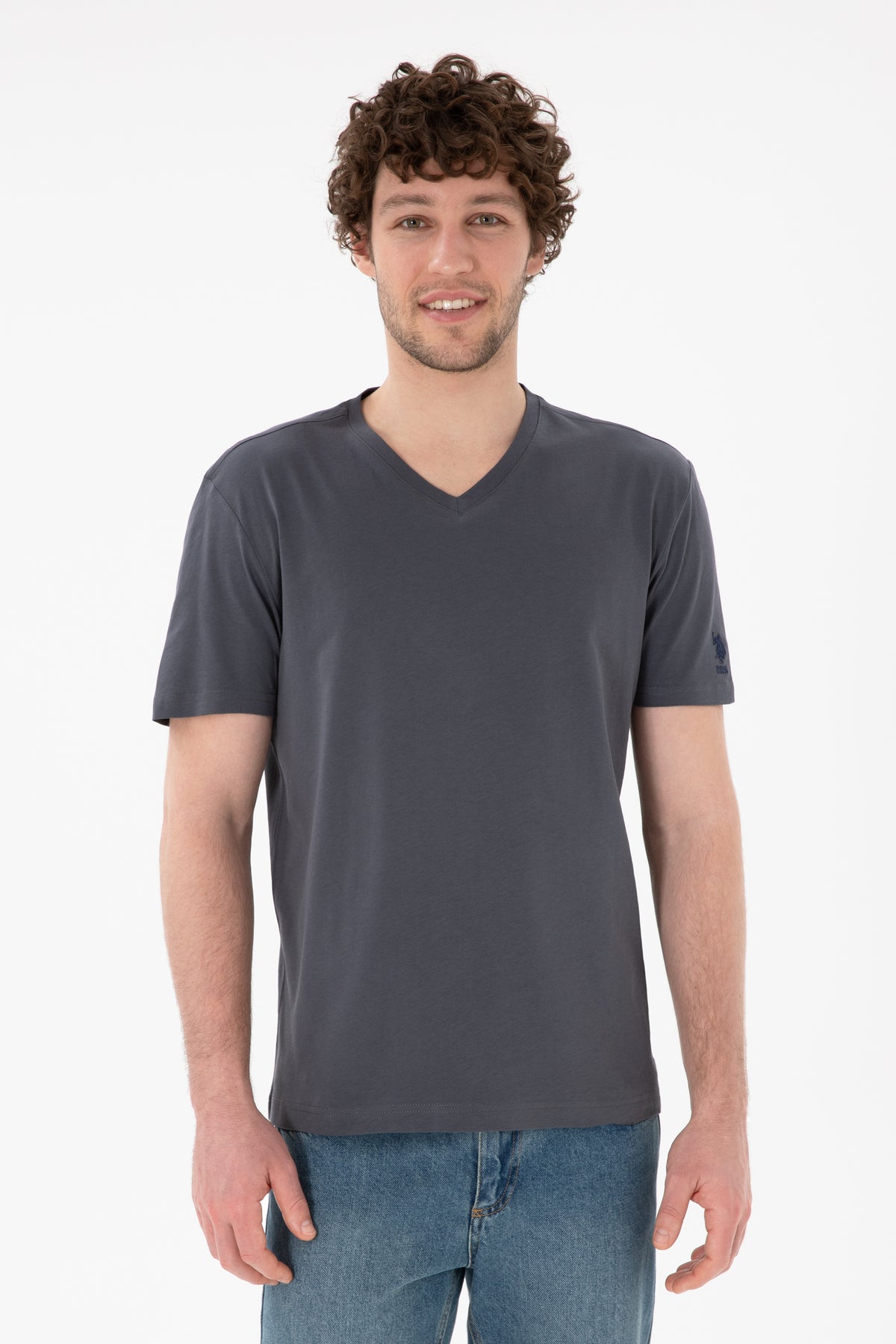 Tricou Bărbați Gri Petrol Cu Decolteu În V Și Logo Brodat Pe Mânecă