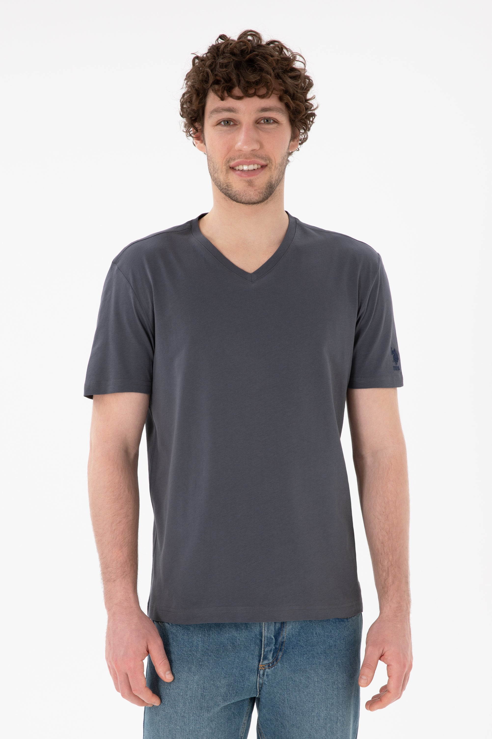 Tricou Bărbați Gri Petrol Cu Decolteu În V Și Logo Brodat Pe Mânecă