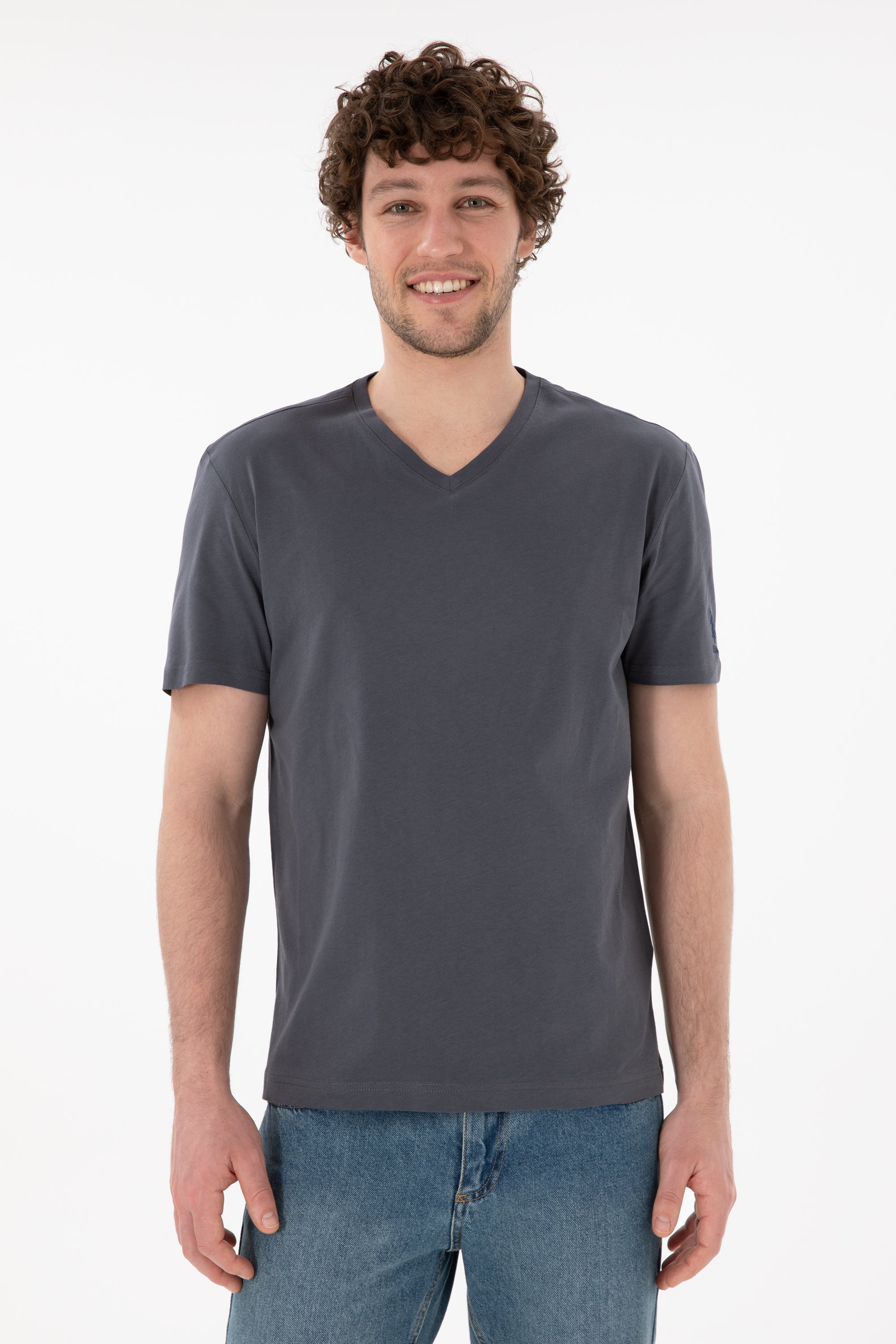 Tricou Bărbați Gri Petrol Cu Decolteu În V Și Logo Brodat Pe Mânecă