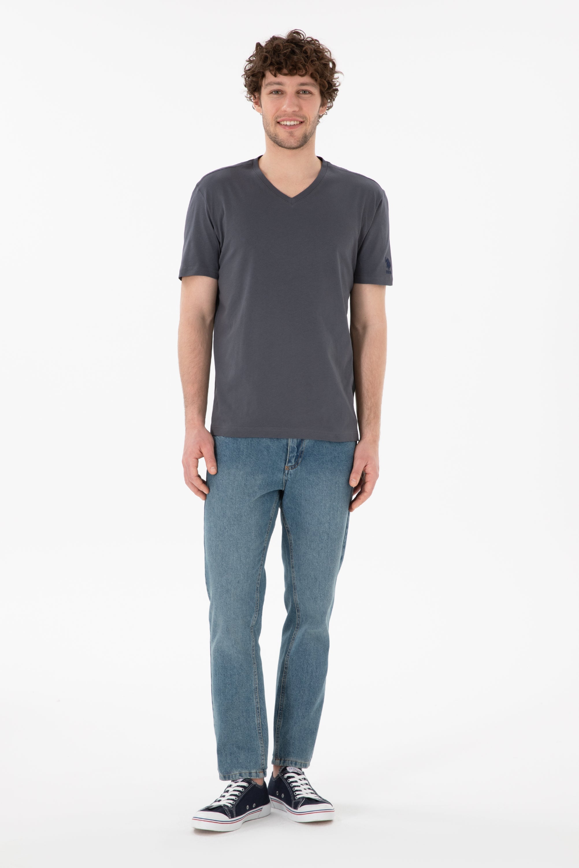 Tricou Bărbați Gri Petrol Cu Decolteu În V Și Logo Brodat Pe Mânecă