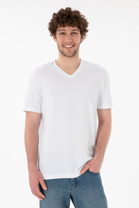 Tricou Bărbați Alb Cu Decolteu În V Și Logo Brodat Pe Mânecă