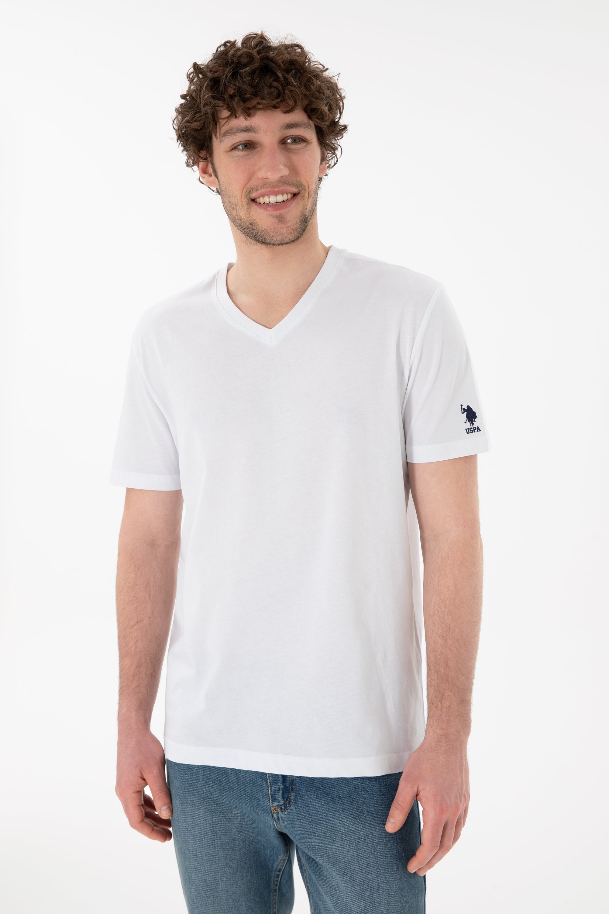 Tricou Bărbați Alb Cu Decolteu În V Și Logo Brodat Pe Mânecă