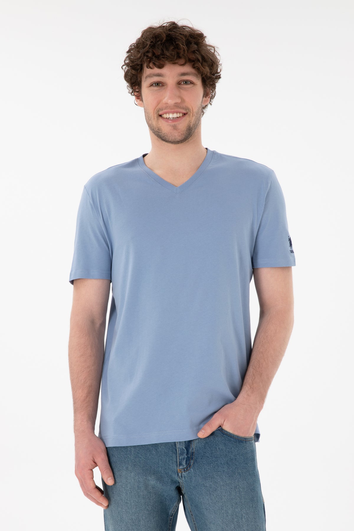 Tricou Bărbați Albastru Cu Decolteu În V Și Logo Brodat Pe Mânecă