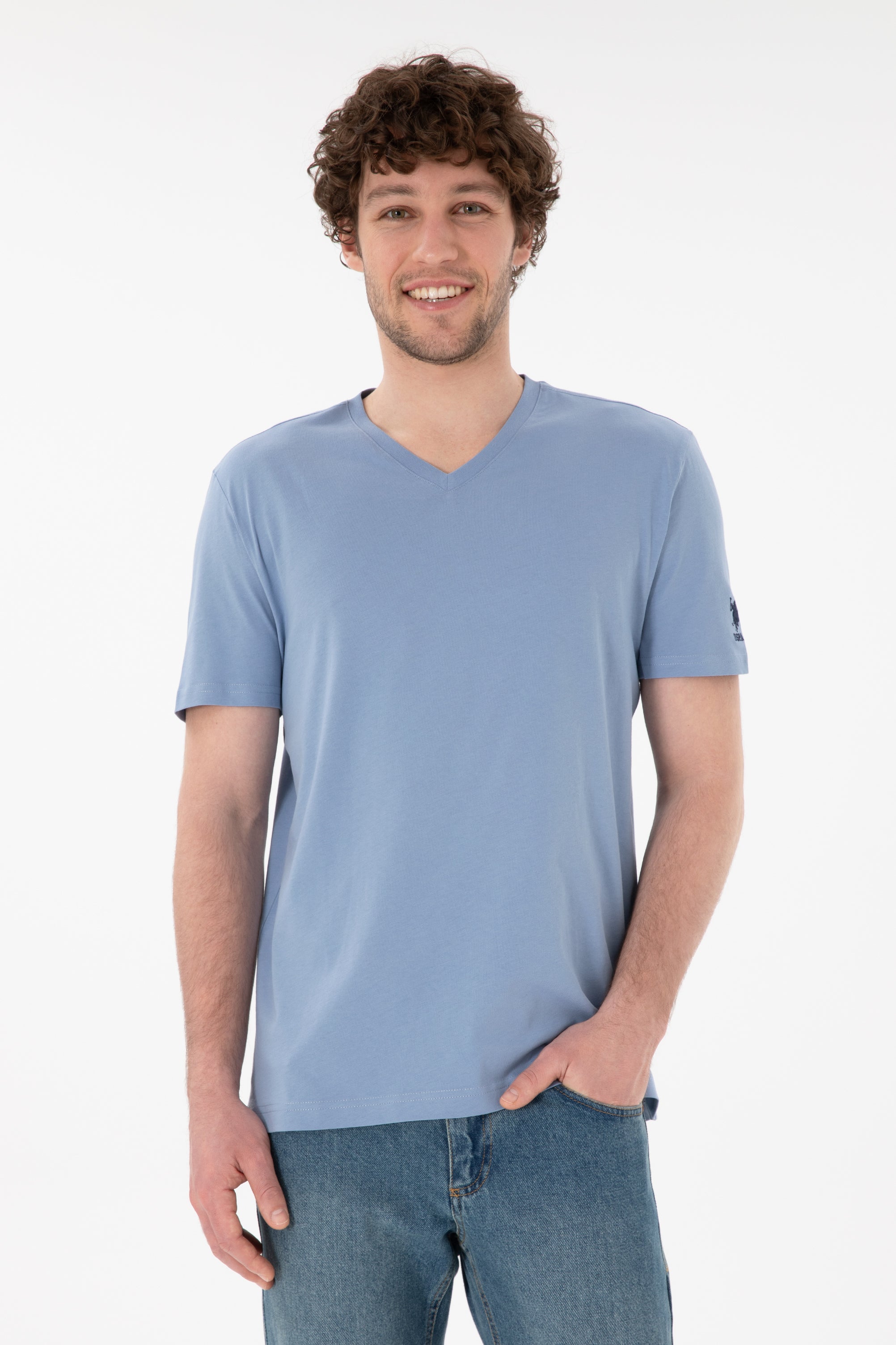 Tricou Bărbați Albastru Cu Decolteu În V Și Logo Brodat Pe Mânecă