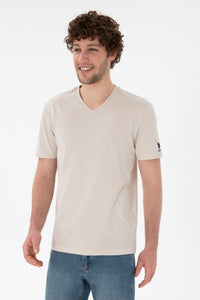 Tricou Bărbați Bej Cu Decolteu În V Și Logo Brodat Pe Mânecă