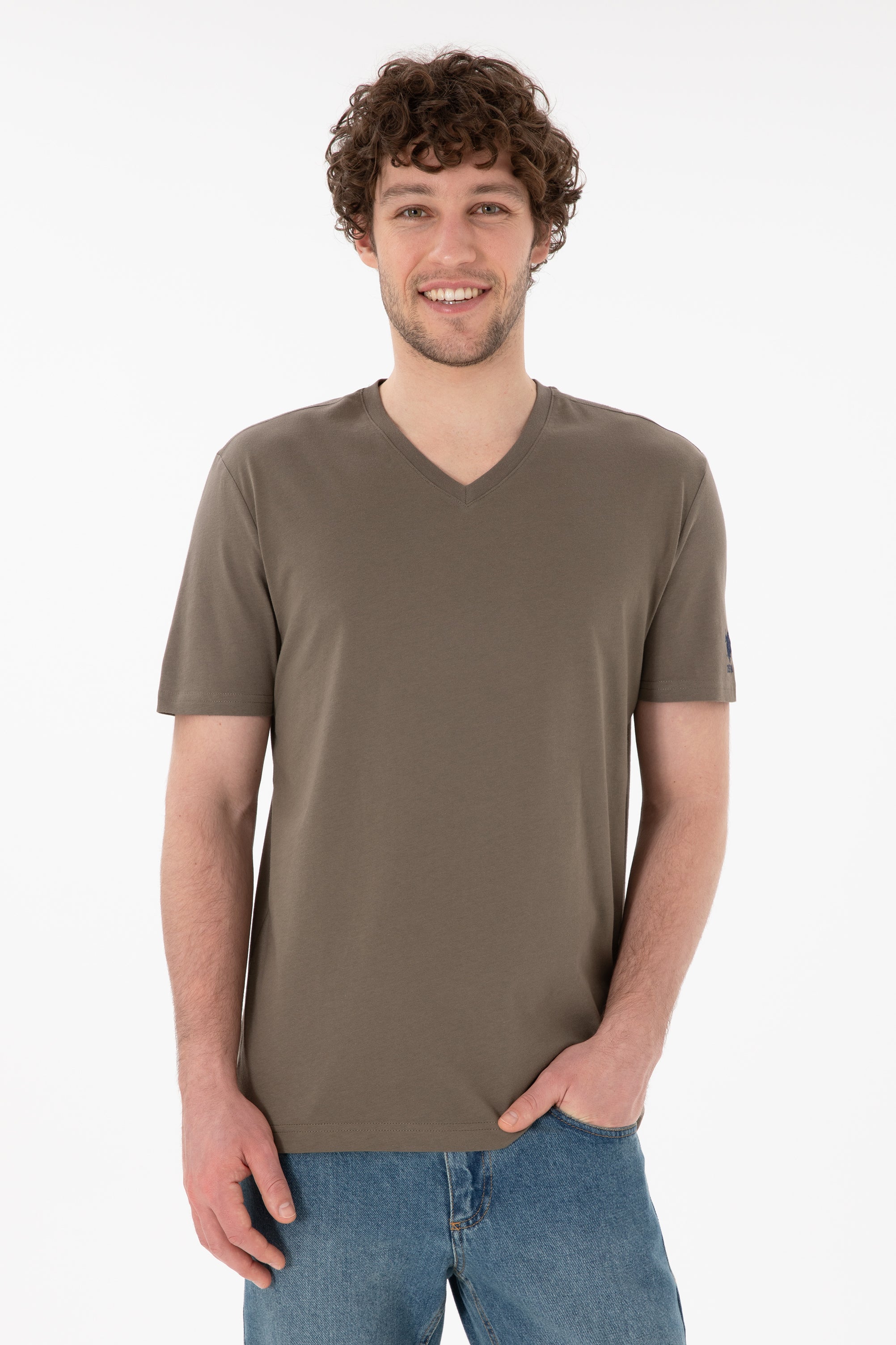 Tricou Bărbați Kaki Cu Decolteu În V Și Logo Brodat Pe Mânecă