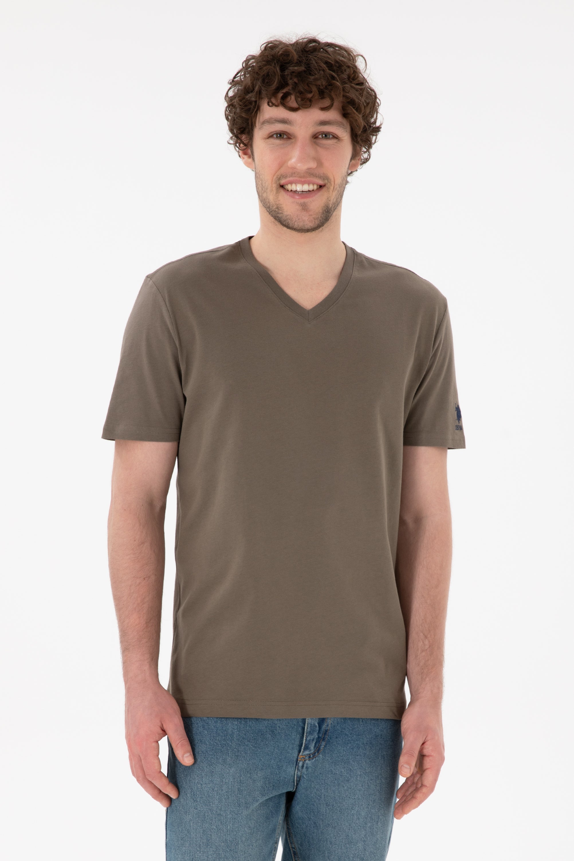 Tricou Bărbați Kaki Cu Decolteu În V Și Logo Brodat Pe Mânecă