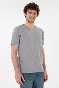 Tricou Bărbați Gri Melange Cu Decolteu În V Și Logo Brodat Pe Mânecă